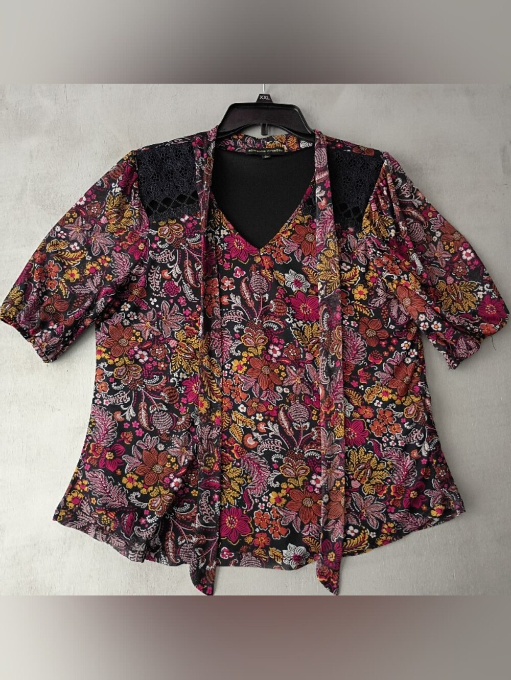 Adrienne Vittadini Black Top with Pink, Yellow and Orange Floral Trim